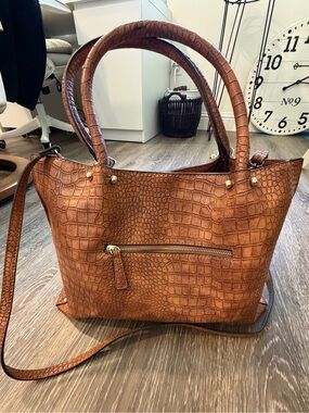 New Neiman Marcus Last Call Brown Croc Embossed Tote Shoulder Handbag Bag